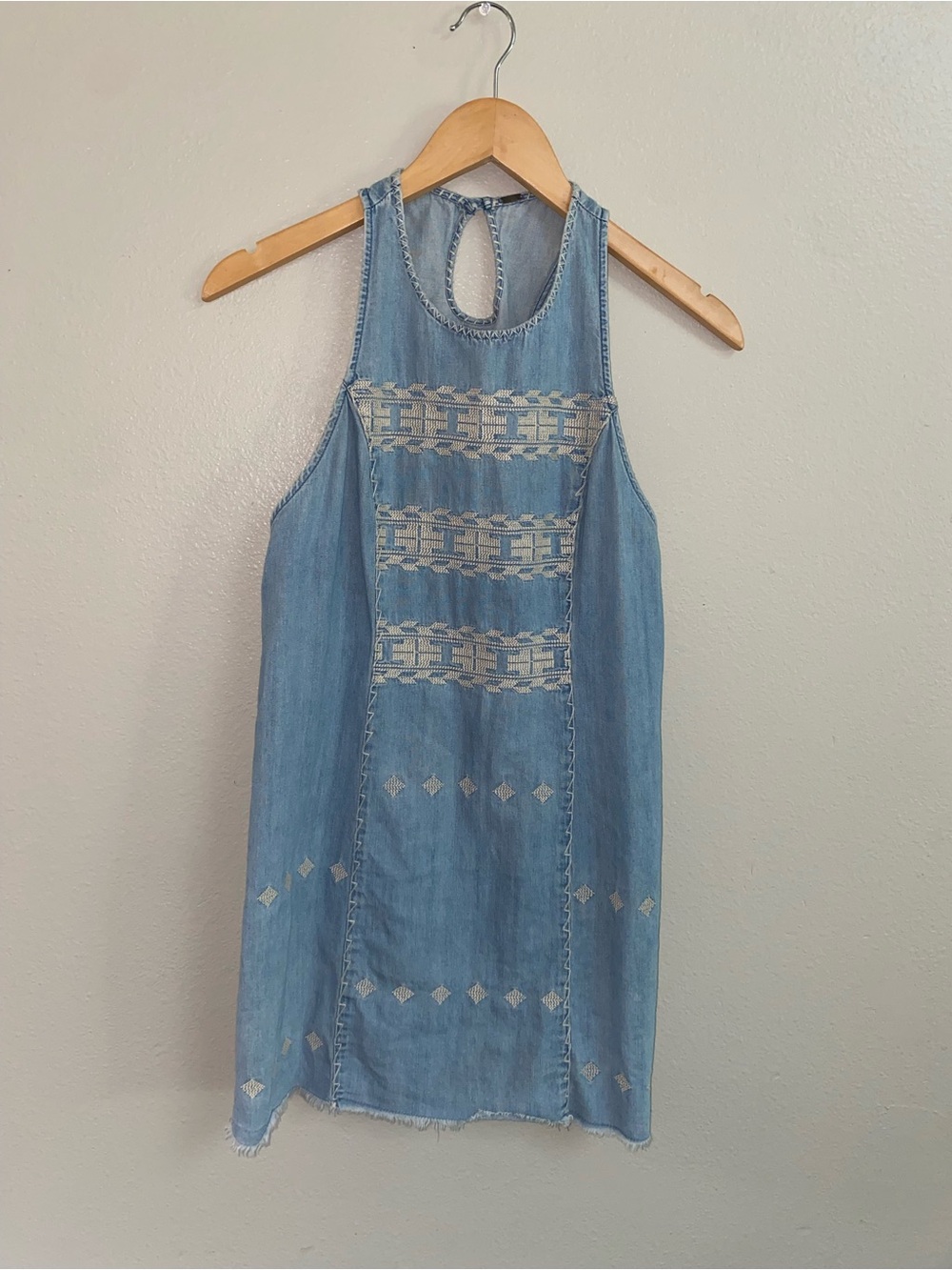 Free People Lightweight Denim Aztec Embroidered Dress | Coastal Cowgirl Small